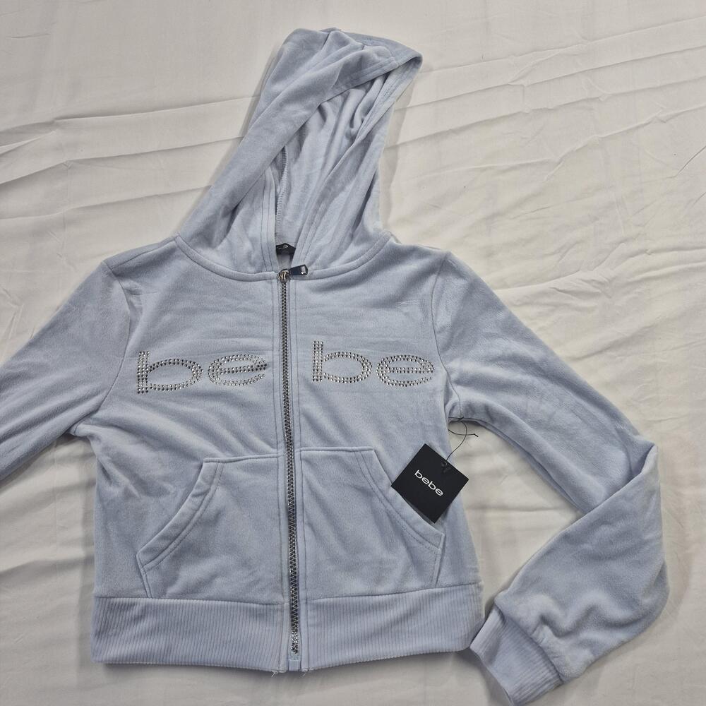Bebe Hoodie Juniors XS Baby Blue Full Zip Plush Fleece Rhinestone Logo Cropped